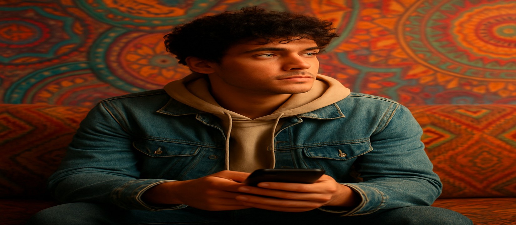 ডেনিম জ্যাকেট পরা একজন ব্যক্তি সোফায় বসে হাতে থাকা ফোনে bb33 অ্যাপে গেম খেলছেন।