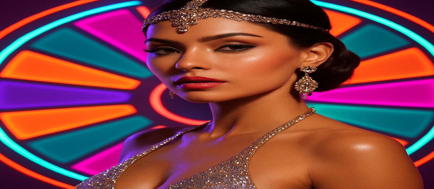 bb33 গেমিং প্ল্যাটফর্মের উজ্জ্বল রঙের চাকার সামনে সিকুইন-আলংকার পোশাক পরা একজন নারী পোজ দিচ্ছেন